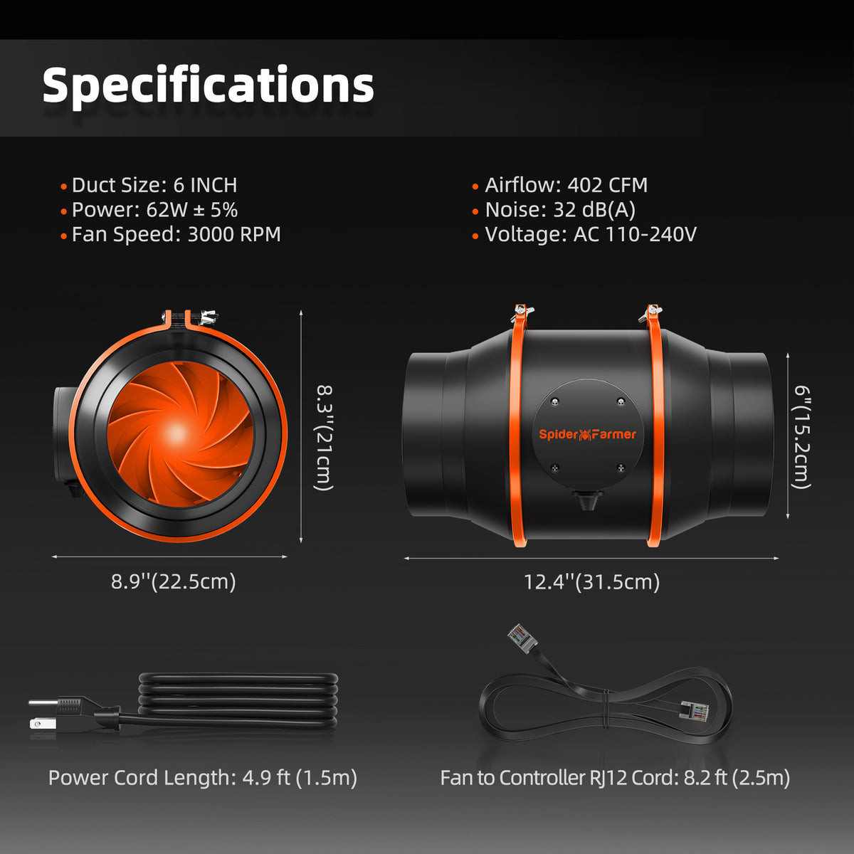 Spider Farmer 6 Zoll Abluft-Set 402 CFM mit Speed Controller – technische Daten und Abmessungen Produktbild
