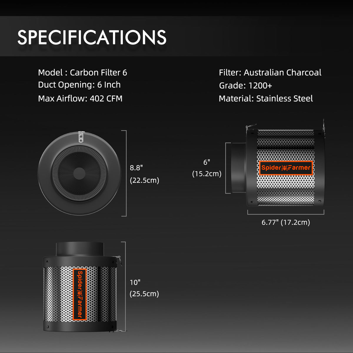 Spider Farmer Aktivkohlefilter – technische Daten und Abmessungen Produktbild